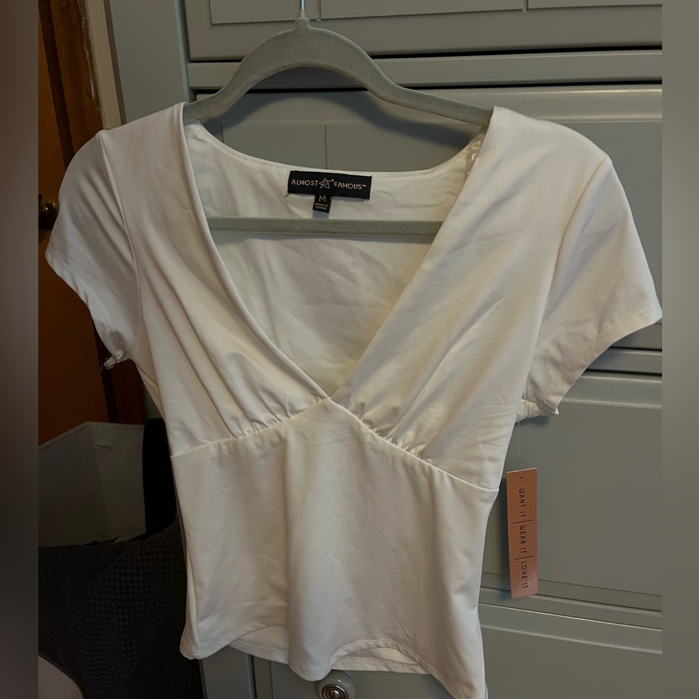 Almost Famous White Fitted Wrap Blouse
